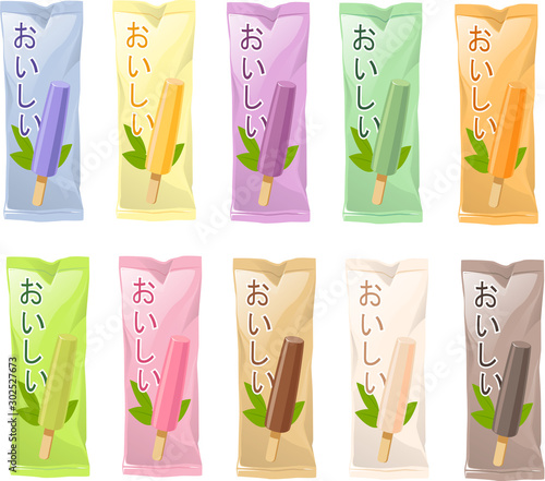 Vector illustration of various kinds of Asian Japanese ice creams or ice pops wth Asian flavors
