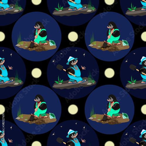 Vector seamless pattern with cartoon mole character. A mole with a shovel goes at night along the path. A mole is digging a hole, looking for a treasure.
