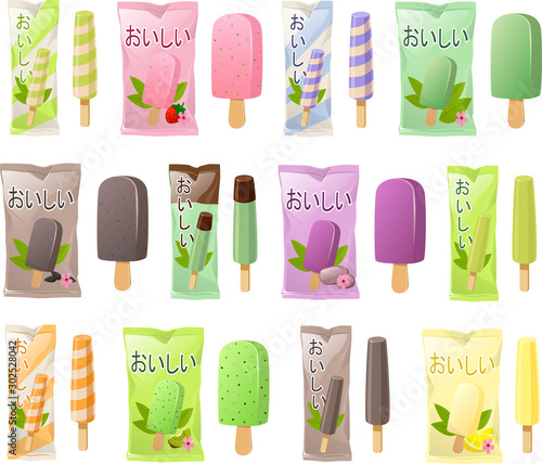 Vector illustration of various kinds of Asian Japanese ice creams or ice pops wth Asian flavors
