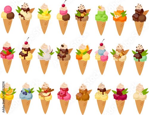Vector illustration of various kinds of ice creams in sugar cones and colorful garnish