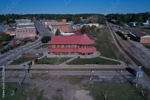 Aerial view of the Old Hamlet NC Train depot. Serving as the terminal for Amtrak. Old historic building.