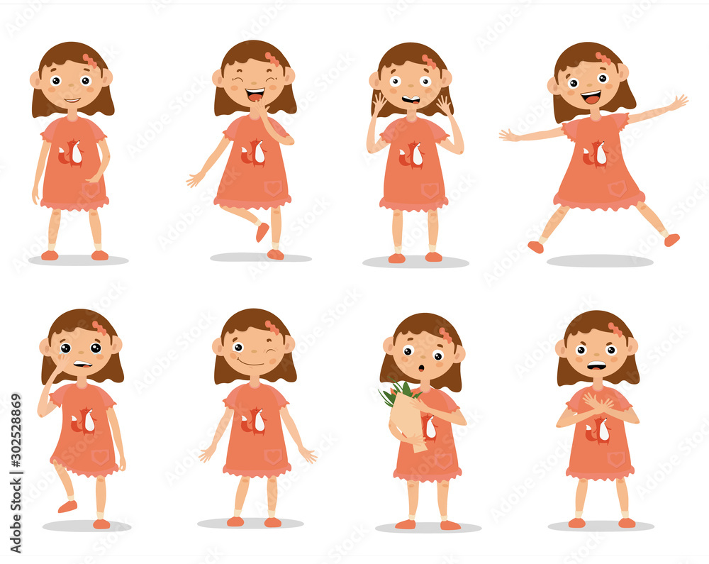 Funny kid girl emotion expressions. Girl in orange dress in full length, showing facial emotions and various gestures. Isolated on white with shadow, vector illustration set Funny kid girl emotion expressions. Girl in orange dress in full length, showing facial emotions and various gestures. Isolated on white with shadow, vector illustration set