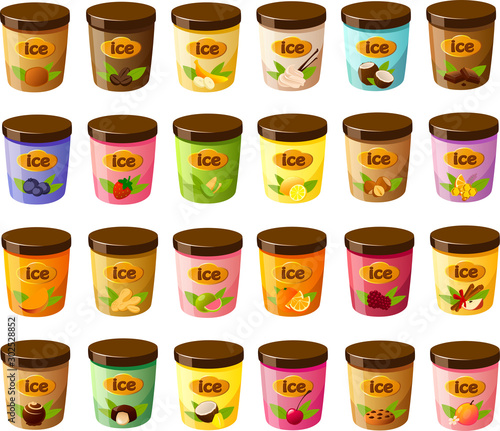 Vector illustration of various kinds of tubs of ice cream with different flavors
