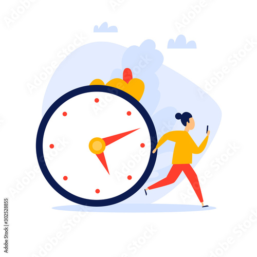 Vászonkép Deadline, the girl is running. Flat style vector illustration.