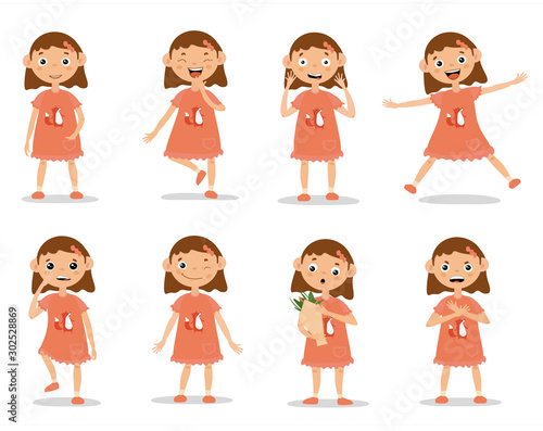 Funny kid girl emotion expressions. Girl in orange dress in full length, showing facial emotions and various gestures. Isolated on white with shadow, vector illustration set