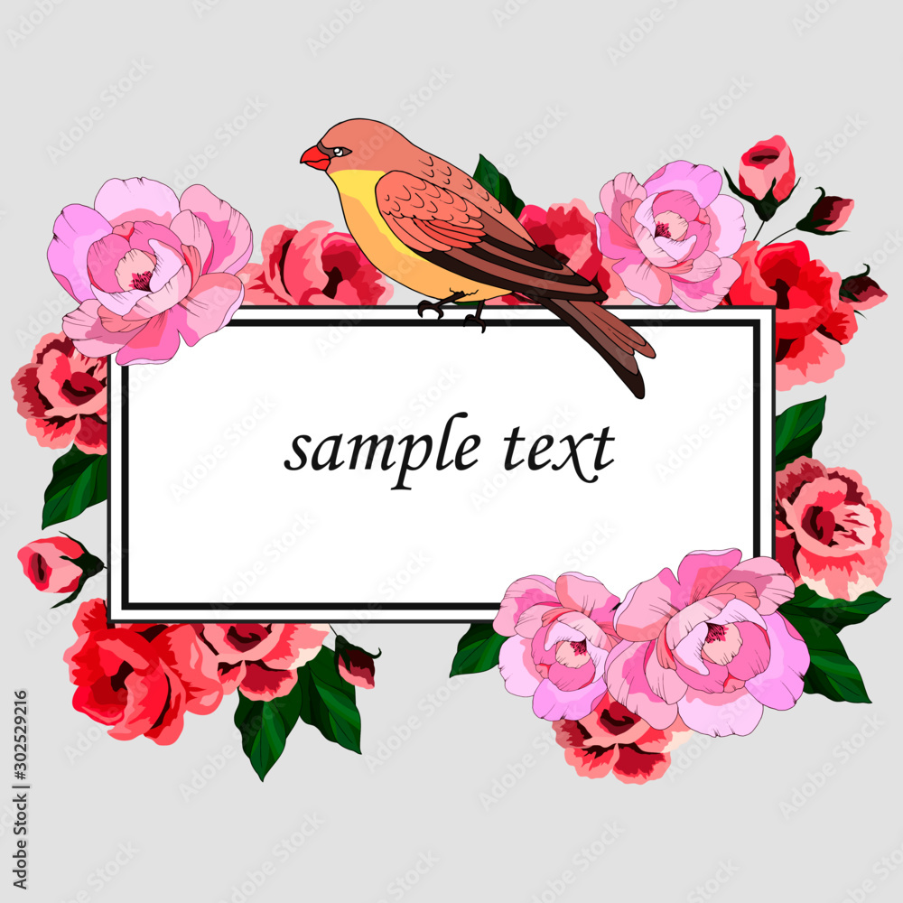 Banner for text in a frame with flowers and bird