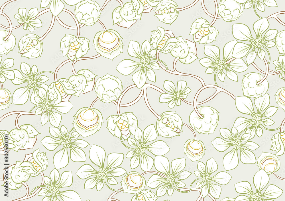 Hazelnut. Decorative motif. Seamless pattern, background. Colored vector illustration In art nouveau style, vintage, old retro style. On soft green background