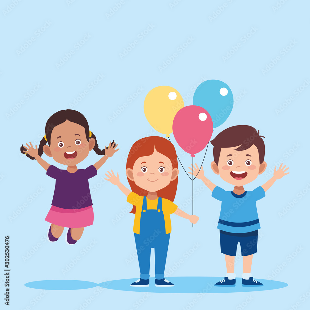 cartoon girls and boy with colorful balloons