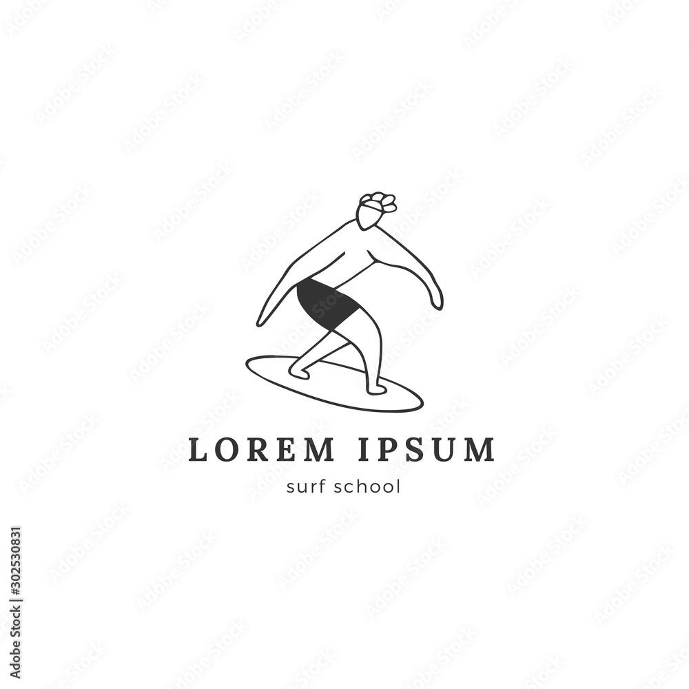 Summer leisure, active way of life. Vector hand drawn logo template, a male surfer.