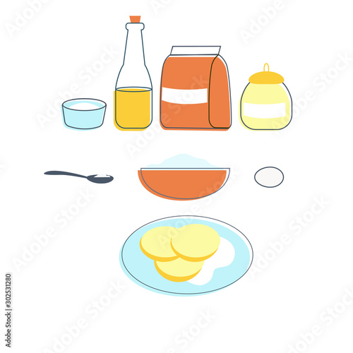 Set of food, and utensils. Items in the kitchen for making pancakes, tortillas with sour cream, sauce