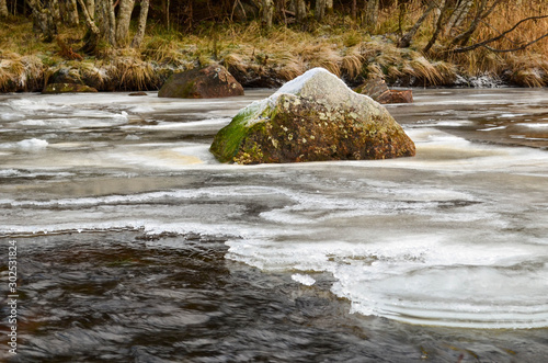 Rock in frozen river