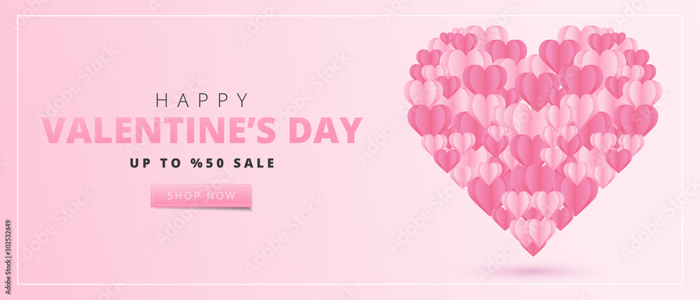 Happy Valentine's Day card in paper art style. Holiday banner with paper hearts. Festive vector illustration.