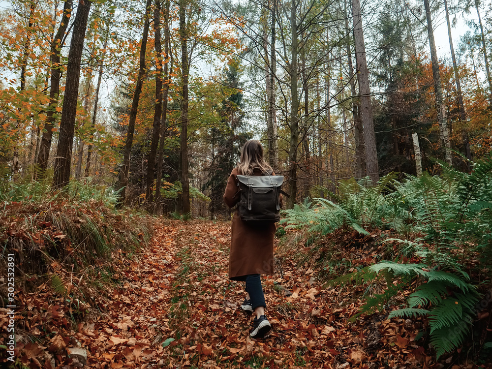Obraz premium girl with a backpack in the autumn forest