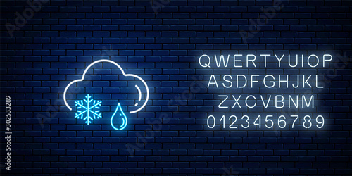 Glowing neon snow with rain weather icon with alphabet. Snowflake and rain drop symbols with cloud in neon style