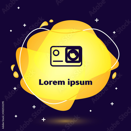 Black line Action extreme camera icon isolated on dark blue background. Video camera equipment for filming extreme sports. Abstract banner with liquid shapes. Vector Illustration