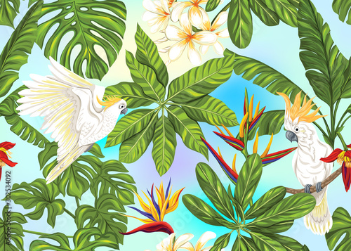 Seamless pattern, background with tropical plants, flowers and birds. Colored vector illustration. In light ultra violet pastel colors on mesh pink, blue background