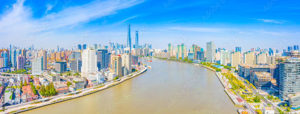 Panoramic aerial photographs of the city on the banks of the Huangpu River in Shanghai, China