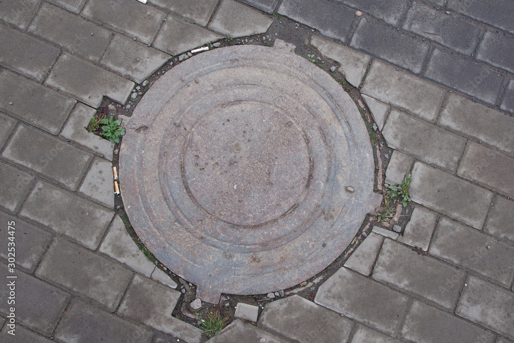 hatch, sewer, metal, cover, shell, texture, old, water, iron, street, round, drain, city,