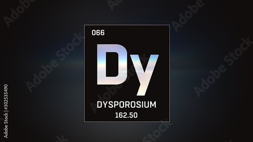 3D illustration of Dysprosium as Element 66 of the Periodic Table. Grey illuminated atom design background with orbiting electrons. Design shows name, atomic weight and element number 