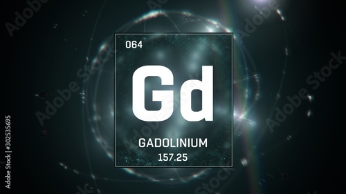 3D illustration of Gadolinium as Element 64 of the Periodic Table. Green illuminated atom design background with orbiting electrons. Design shows name, atomic weight and element number photo