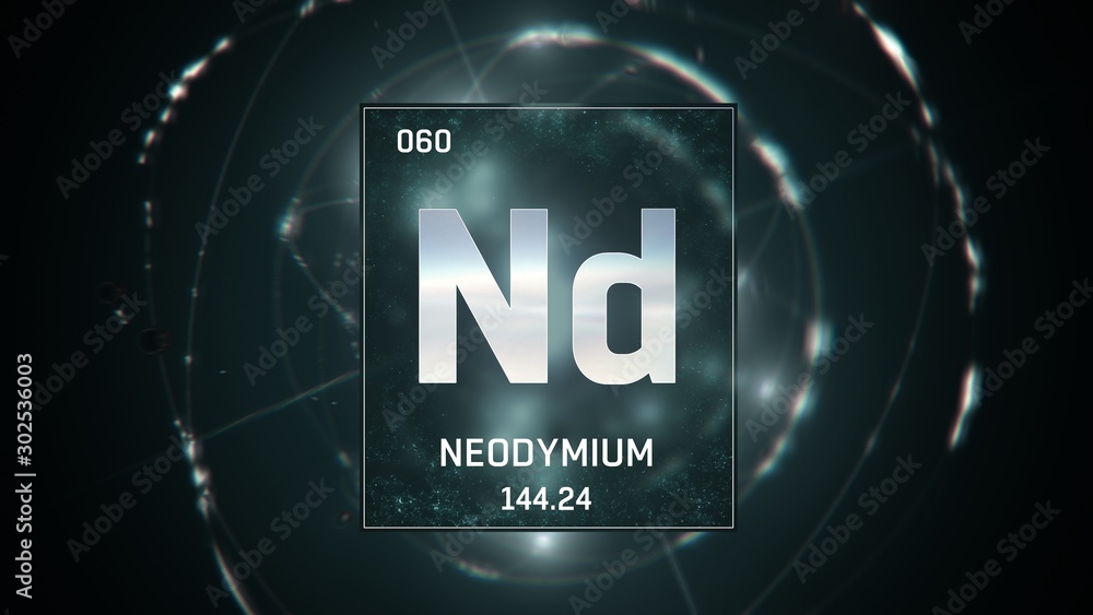 3D illustration of Neodymium as Element 60 of the Periodic Table. Green illuminated atom design background with orbiting electrons. Design shows name, atomic weight and element number