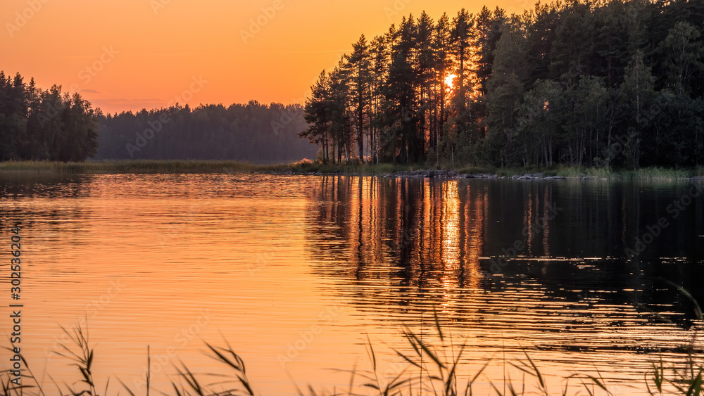 Sunset on lake in summer