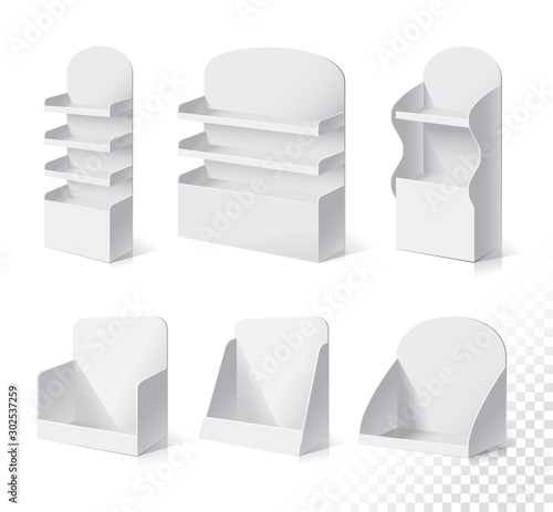 White Empty Displays With Shelves Products.Display on Isolated white background. Mock-up template ready for design. Product Packing Vector
