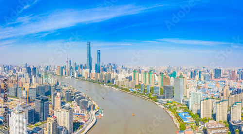 Canvas Print Panoramic aerial photographs of the city on the banks of the Huangpu River in Sh