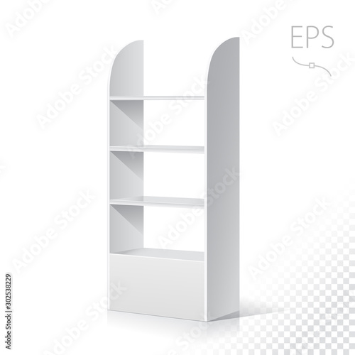 White Empty Displays With Shelves Products.Display on Isolated white background. Mock-up template ready for design. Product Packing Vector