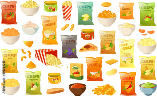 Vector illustration of various unhealty snacks such as potato chips, pop corn and pizza