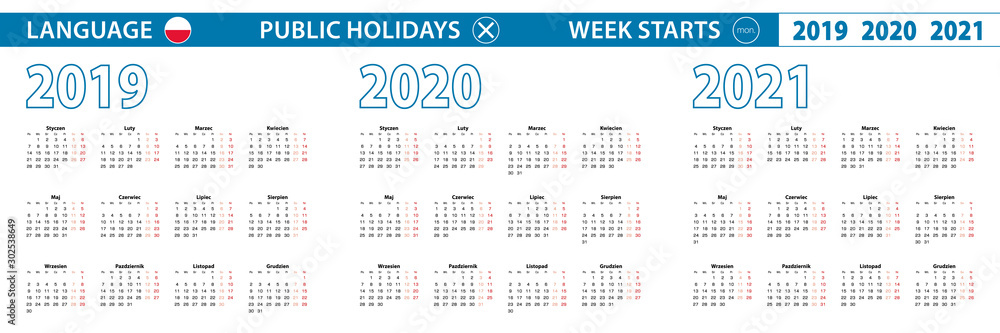Simple calendar template in Polish for 2019, 2020, 2021 years. Week starts from Monday. - obrazy, fototapety, plakaty 