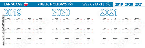 Simple calendar template in Polish for 2019, 2020, 2021 years. Week starts from Monday.