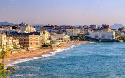 Biarritz, the famous resort in France. Panoramic view of the city and the beaches. Golden Hour. Holidays in France. photo