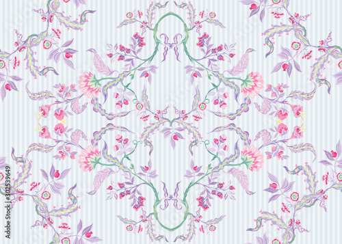 Fantasy floral seamless pattern in jacobean embroidery imitation, vintage, old, retro style. Vector illustration