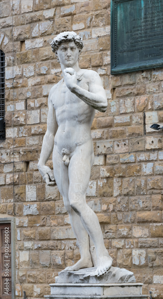Marble statue David by Michelangelo in front of Palazzo Vecchio, Piazza della Signoria, Florence, Italy