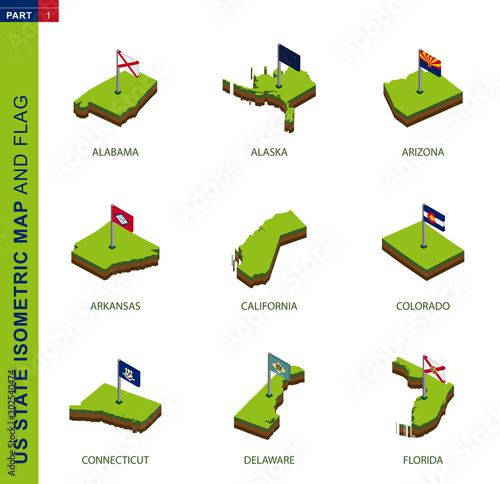 Set of 9 isometric US state maps and flags, 3D vector isometric shape.