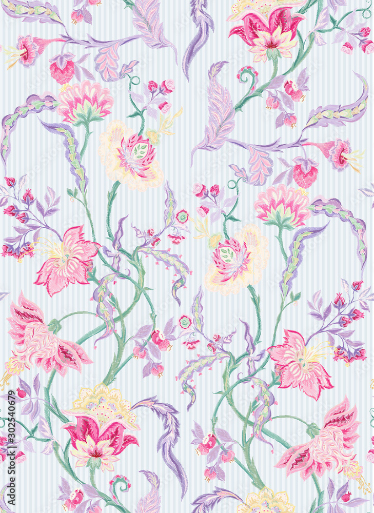 Fantasy floral seamless pattern in jacobean embroidery imitation, vintage, old, retro style. Vector illustration