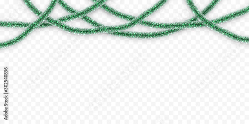 Christmas or New Year traditional decorations. Hanging glitter Xmas tinsel garland. Decor element. Vector illustration