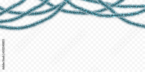Christmas or New Year traditional decorations. Hanging glitter Xmas tinsel garland. Decor element. Vector illustration