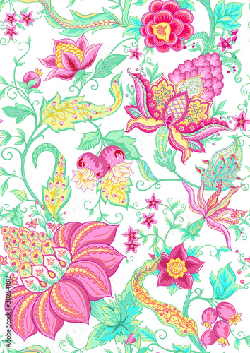 Fantasy flowers  traditional Jacobean embroidery style. Seamless pattern  background. Vector illustration in bright pink and green colors isolated on white background..