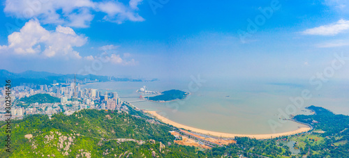 Panoramic aerial photography of the seaside park in Zhuhai City, Guangdong Province, China