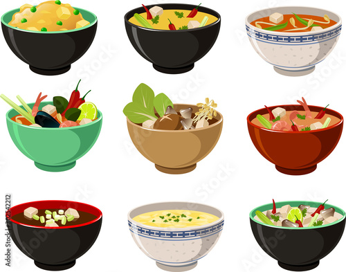 Vector illustration of various international Asian soups in colorful bowls