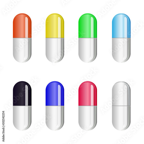 Set of vector colored capsules of medicines and pills isolated on white background. Design template for graphics, banners. Vertical position