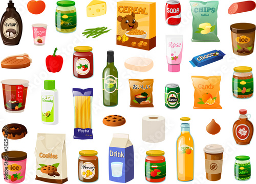 Vector illustration of various everyday pantry grocery shopping food items photo