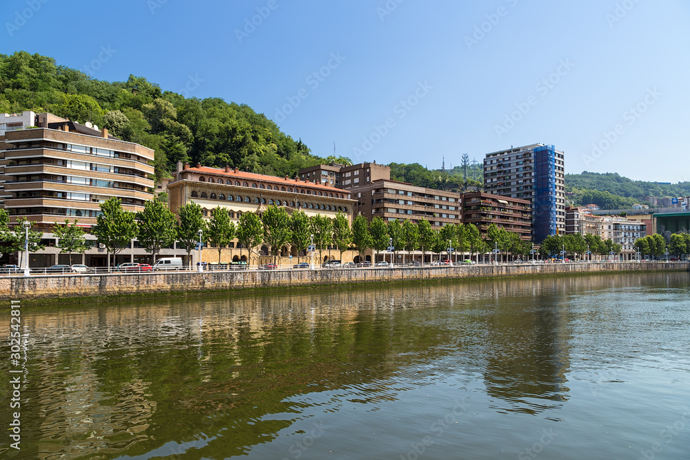 Bilbao, Spain. A scenic view of the Nervión river and waterfront