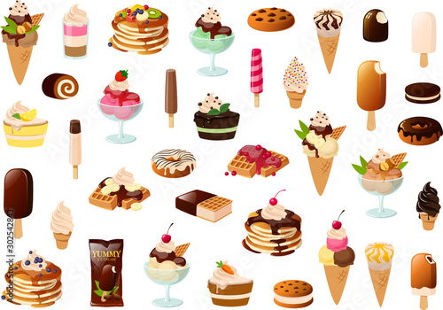 Vector illustration of various cakes, waffles, pancakes and ice creams