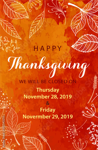happy thanksgiving office close business hour sign with maple leaves 2019 