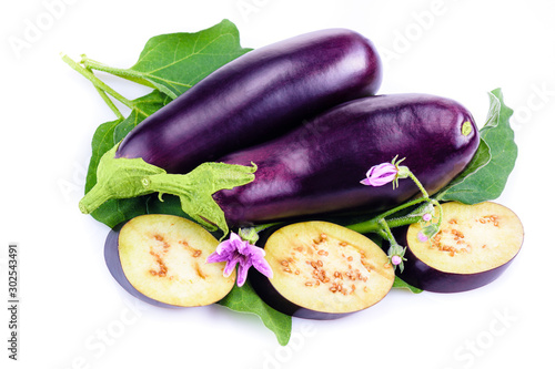 Vegetarian food. Fresh eggplant from garden. Eggplant on white background close-up. Ripe eggplant.