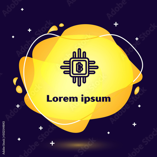 Black line CPU mining farm icon on dark blue background. Bitcoin sign inside processor. Cryptocurrency mining community. Digital money. Abstract banner with liquid shapes. Vector Illustration