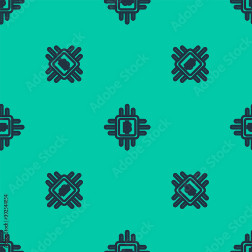 Blue line CPU mining farm icon isolated seamless pattern on green background. Bitcoin sign inside processor. Cryptocurrency mining community. Digital money. Vector Illustration